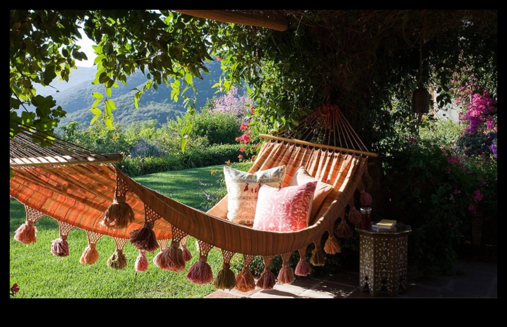 Vai varat ieteikt Boho akcentus āra šūpuļtīkla atpūtas telpai pilnīgai atpūtai?