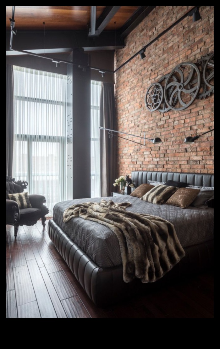 Industriāli elegantas guļamistabas dekoru idejas