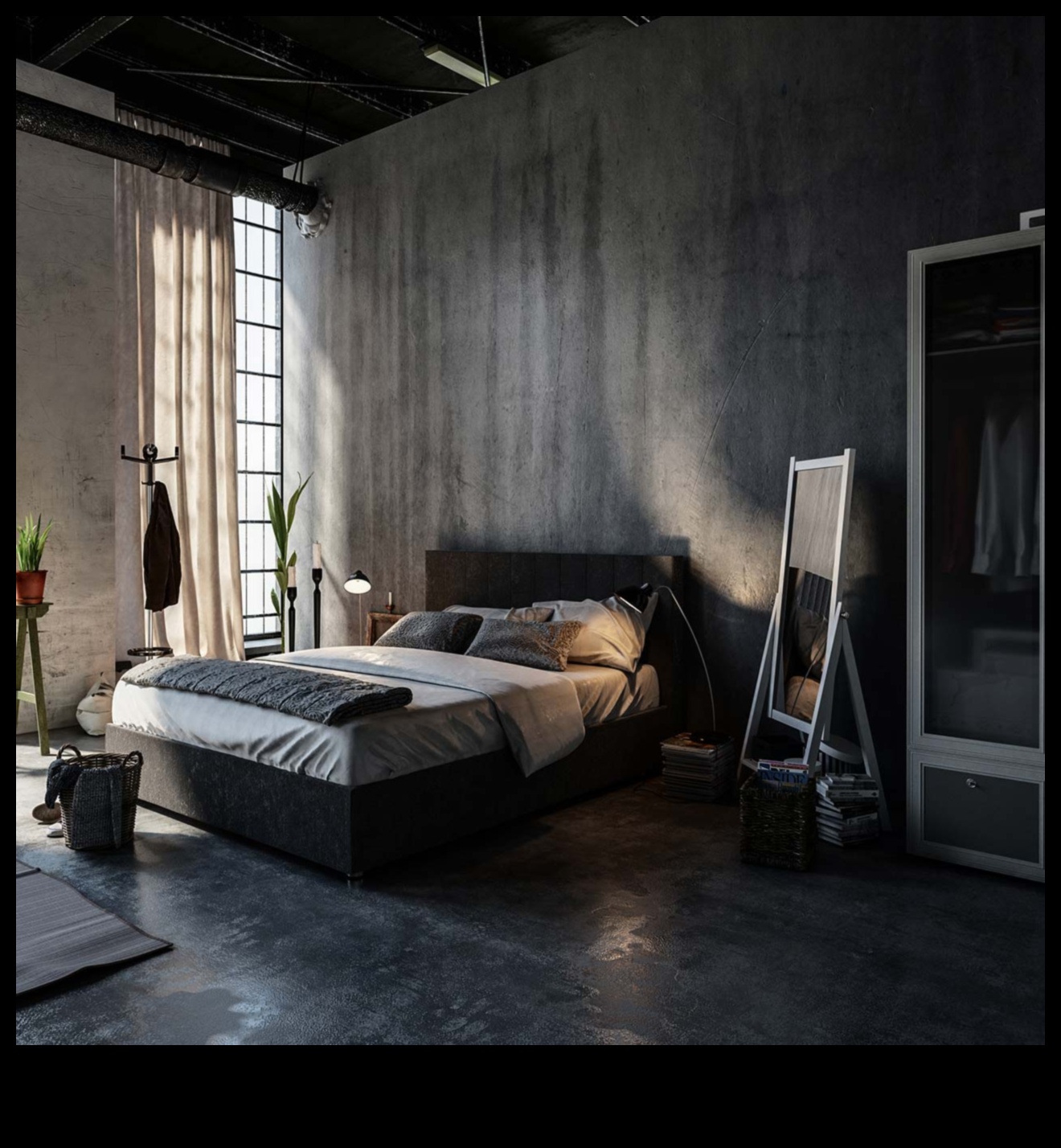 Industriāli elegantas guļamistabas dekoru idejas