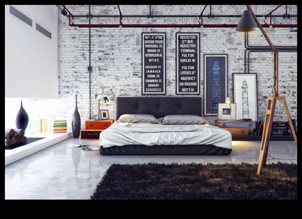 Industriāli elegantas guļamistabas dekoru idejas