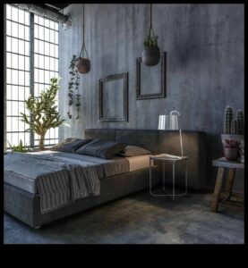 Industriāli elegantas guļamistabas dekoru idejas