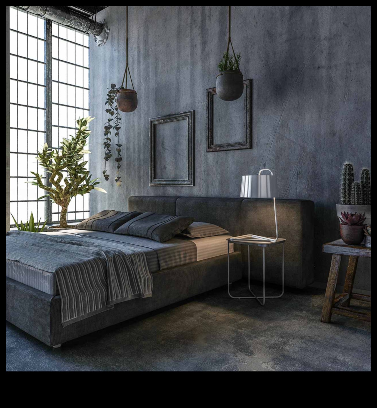 Industriāli elegantas guļamistabas dekoru idejas